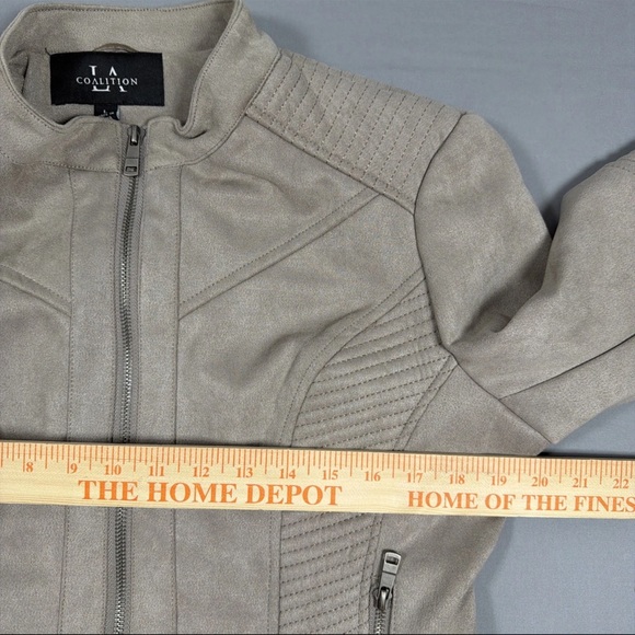 LA Coalition Womens Full Zip Vegan Faux Suede Moto Taupe Beige Jacket Large - Picture 12 of 14